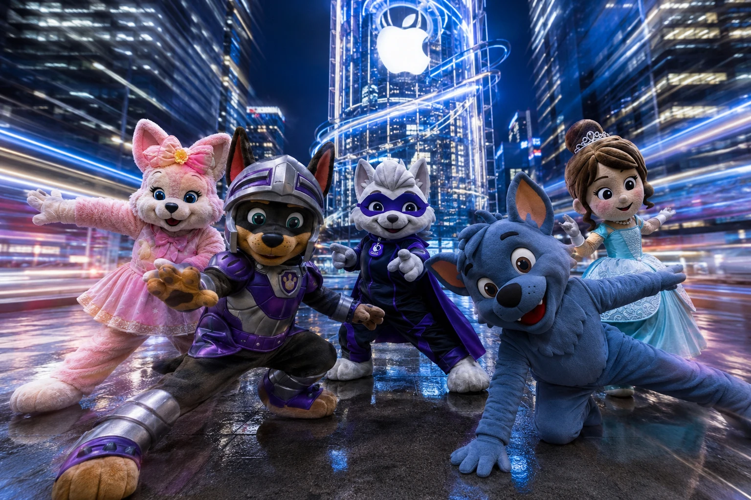 Five city mascots strike bold superhero ninja poses