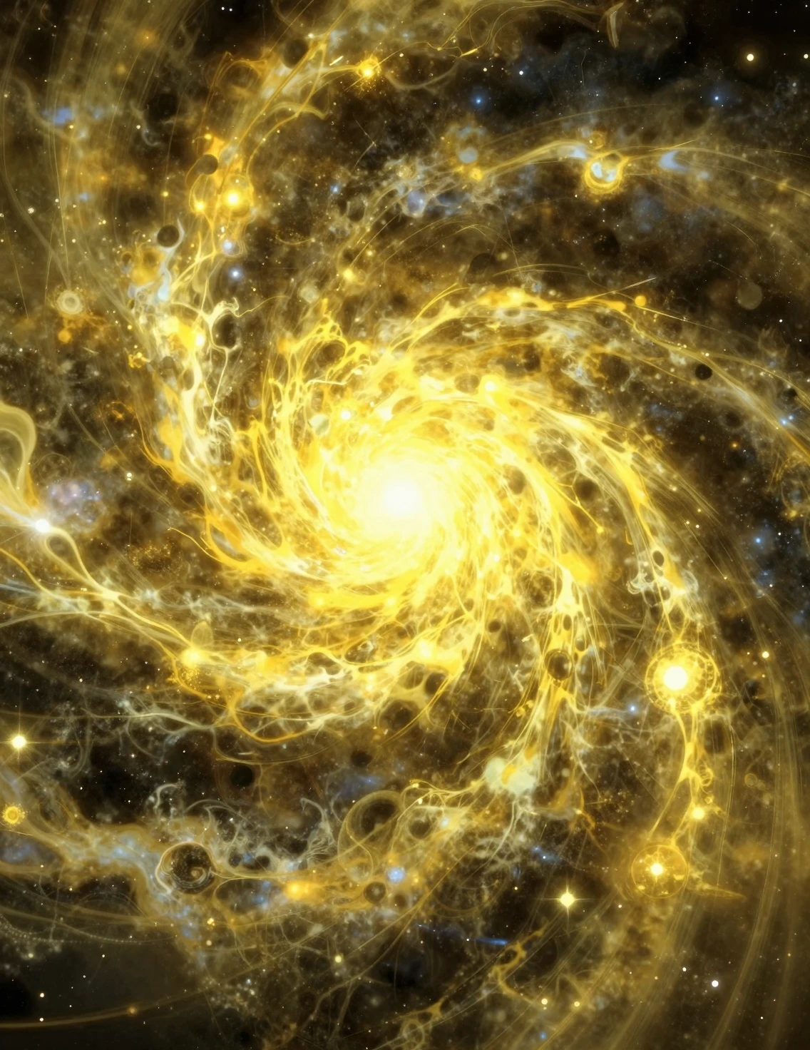 Tempeste cosmiche che vorticano in un vuoto celeste giallo