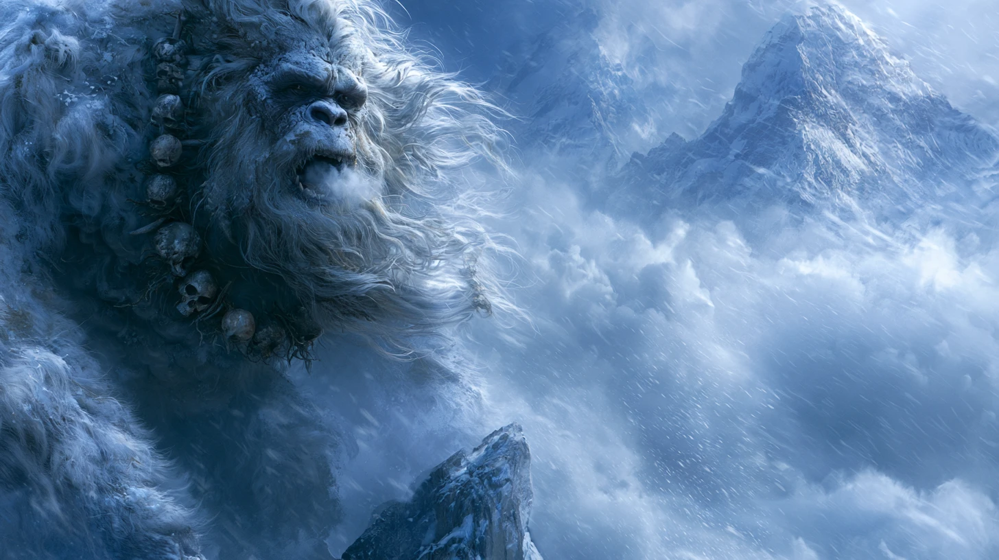 Yeti rugindo em um pico tempestuoso do Himalaia