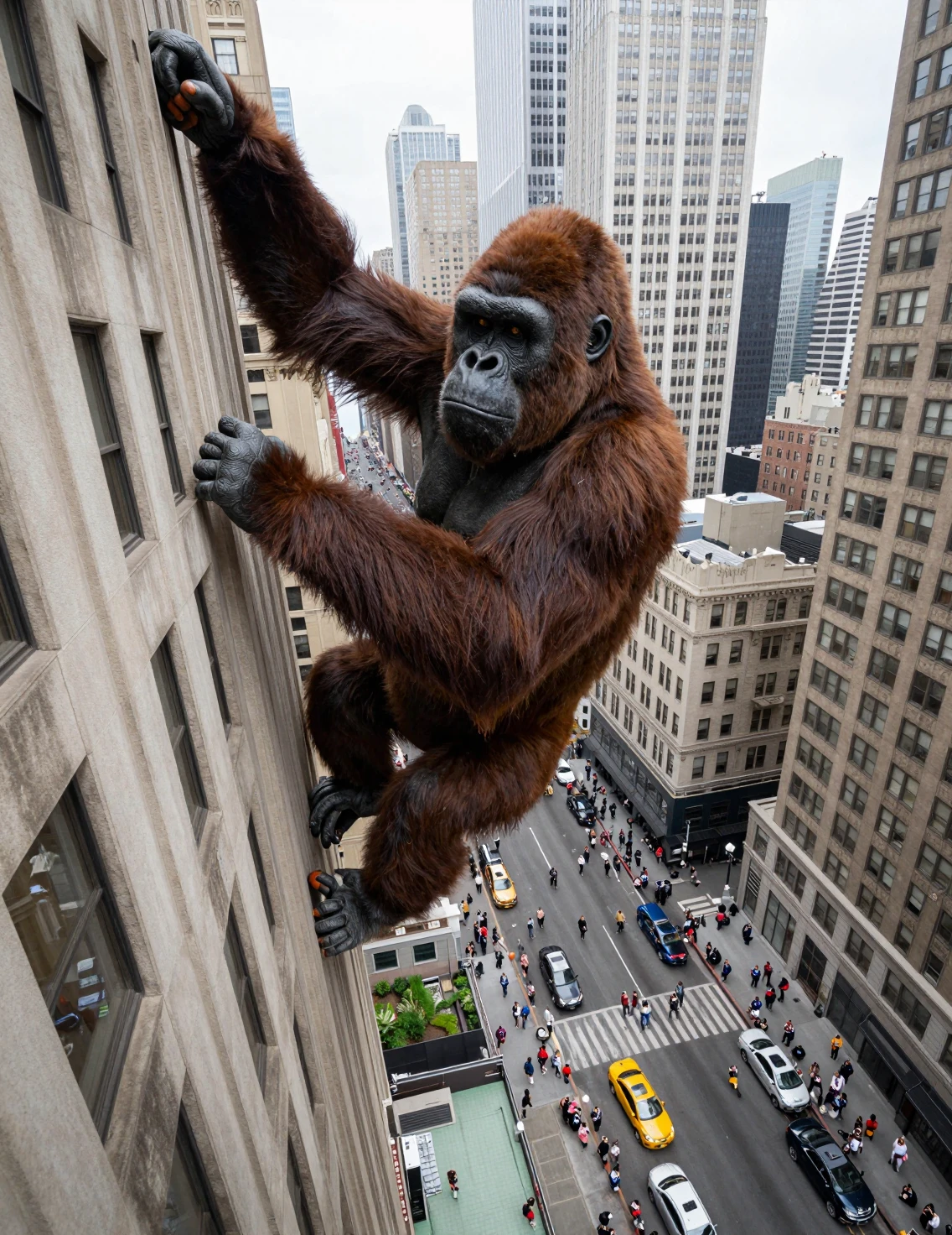 Macaco gigante escalando um arranha‑céu sobre ruas lotadas