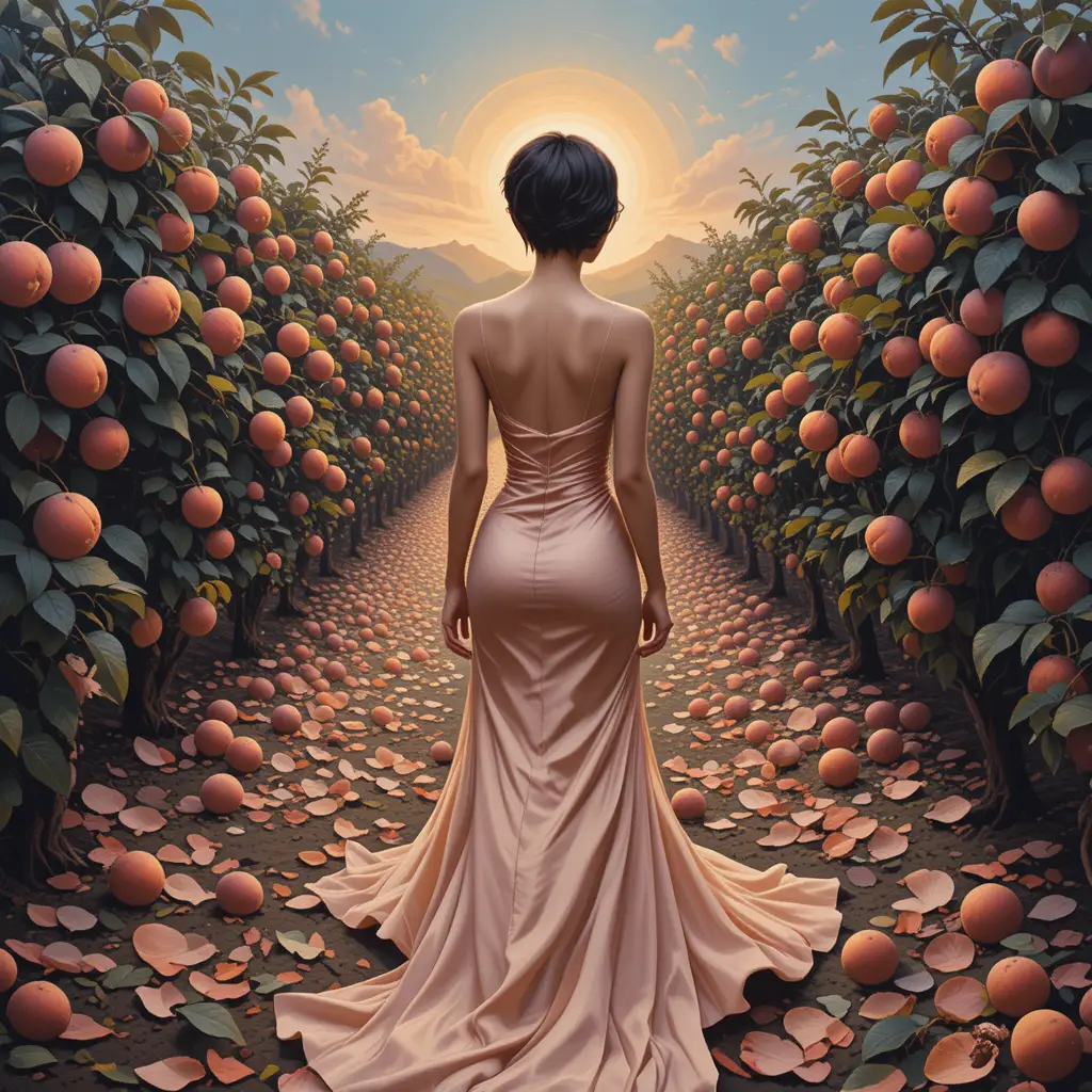 Woman in silk dress walking through a sunrise orchard