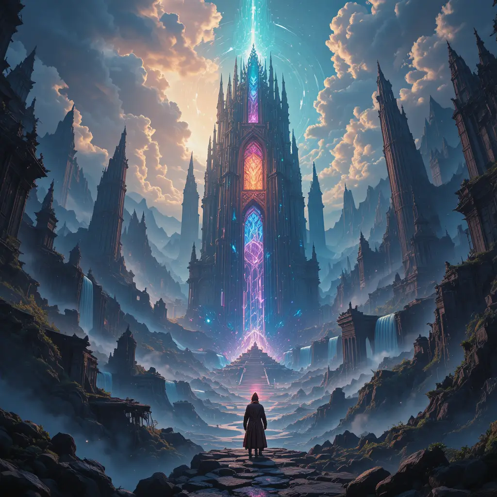 Paesaggio fantasy epico con rovine colossali e montagne