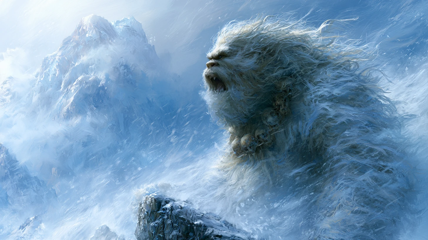 Yeti em fúria em um pico tempestuoso do Himalaia