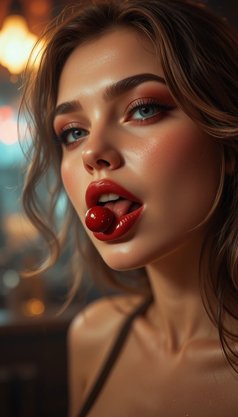 Mulher sensual segurando uma cereja entre os lábios entreabertos