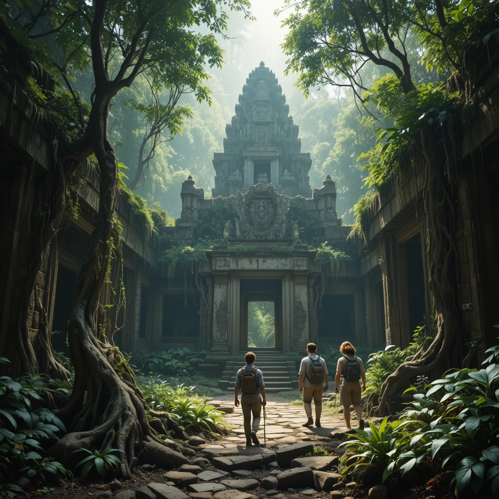Ancient jungle temple wrapped in roots and glowing sunlight