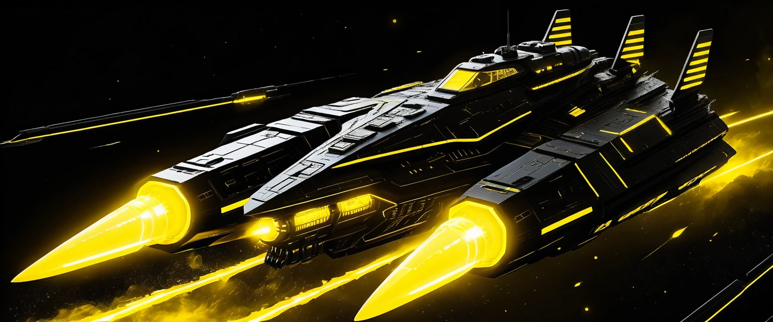 Futuristic battleship fleet in glowing yellow cosmic storms