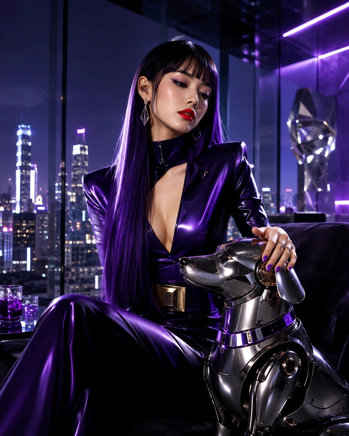 Futuristic fashion woman with robot dog in city penthouse