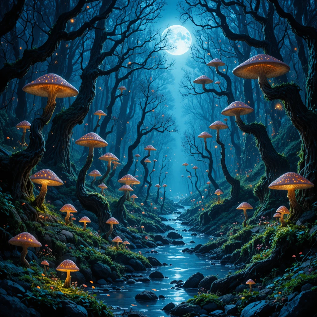 Mystical Forest With Glowing Mushrooms And Moonlit River