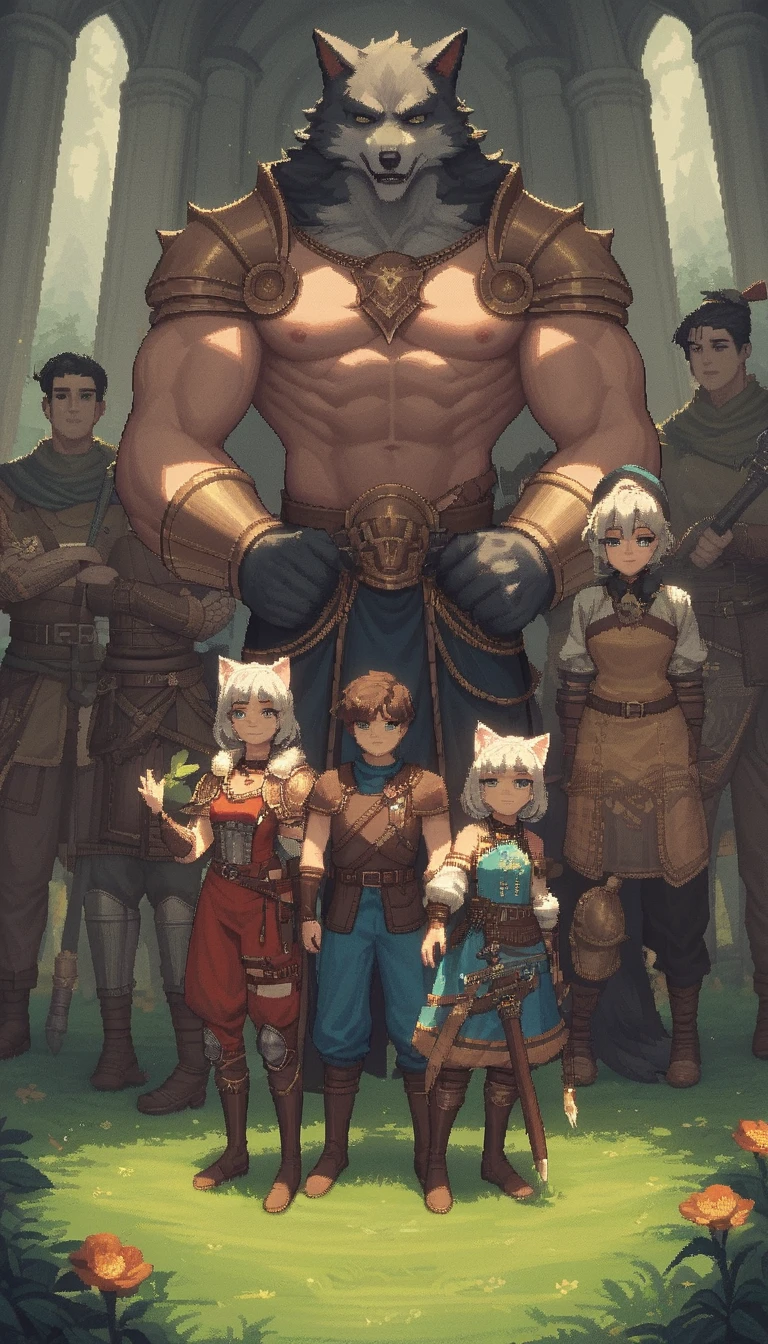 Aventureros de fantasía estilo anime en un mundo panorámico encantado