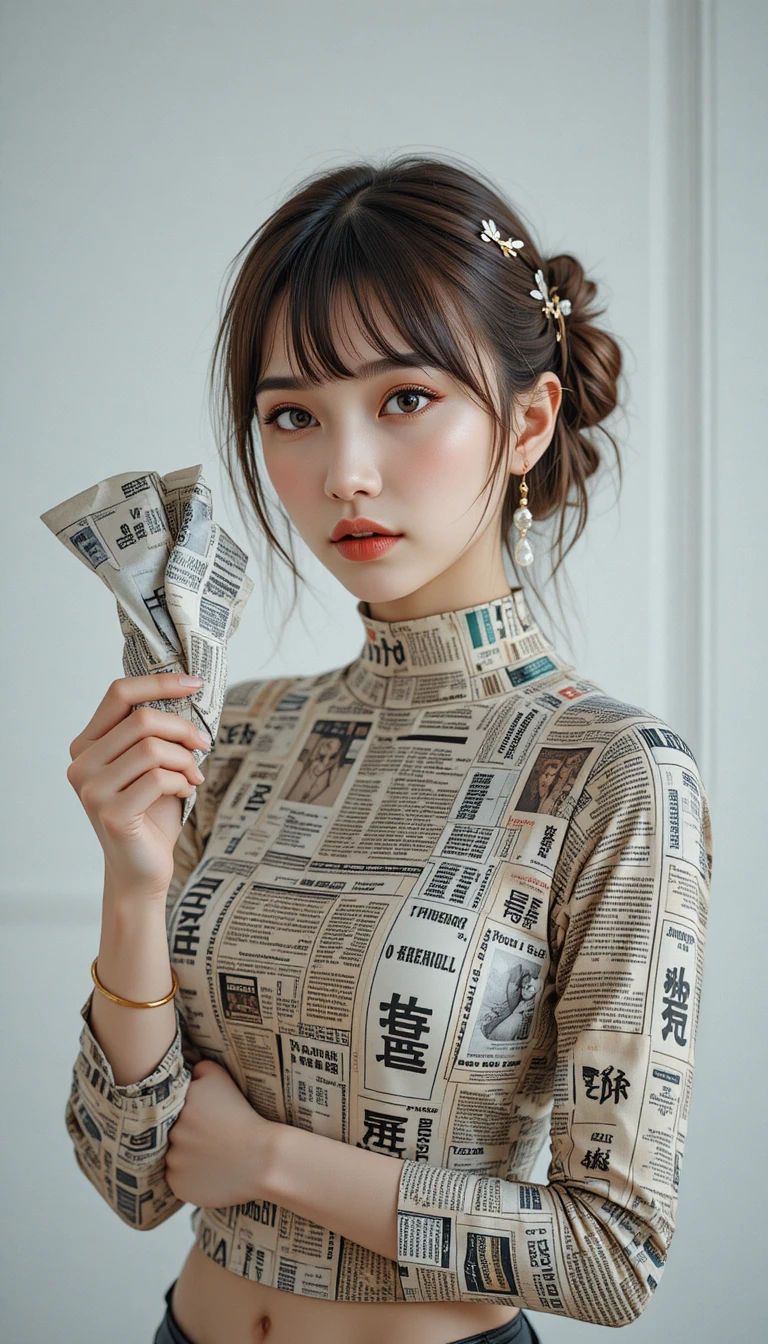 신문 프린트 상의를 입고 정면을 응시하는 젊은 여성