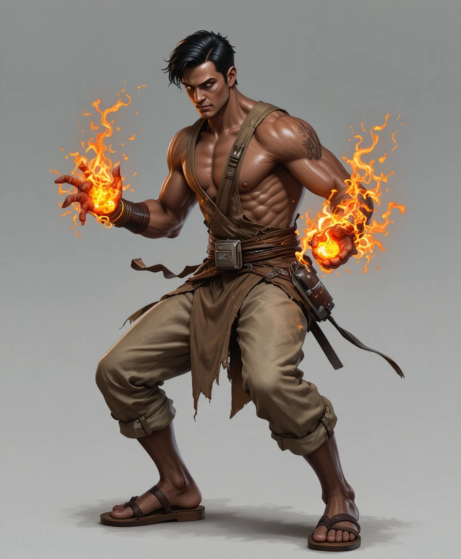 Lutador da fornalha marcado por cicatrizes com manoplas de vidro derretido em posição de batalha
