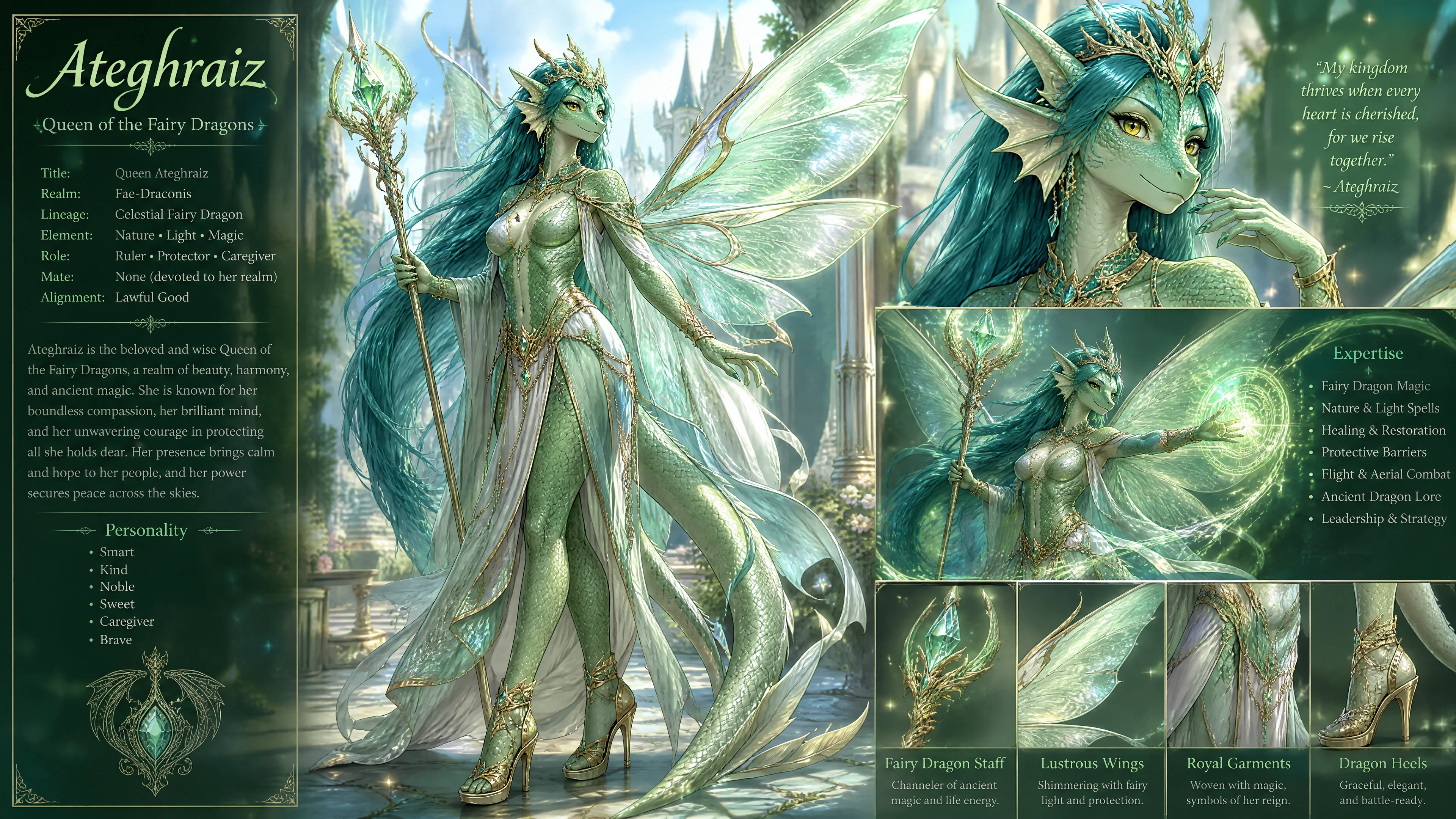 Regal fairy dragon queen with luminous wings and staff
