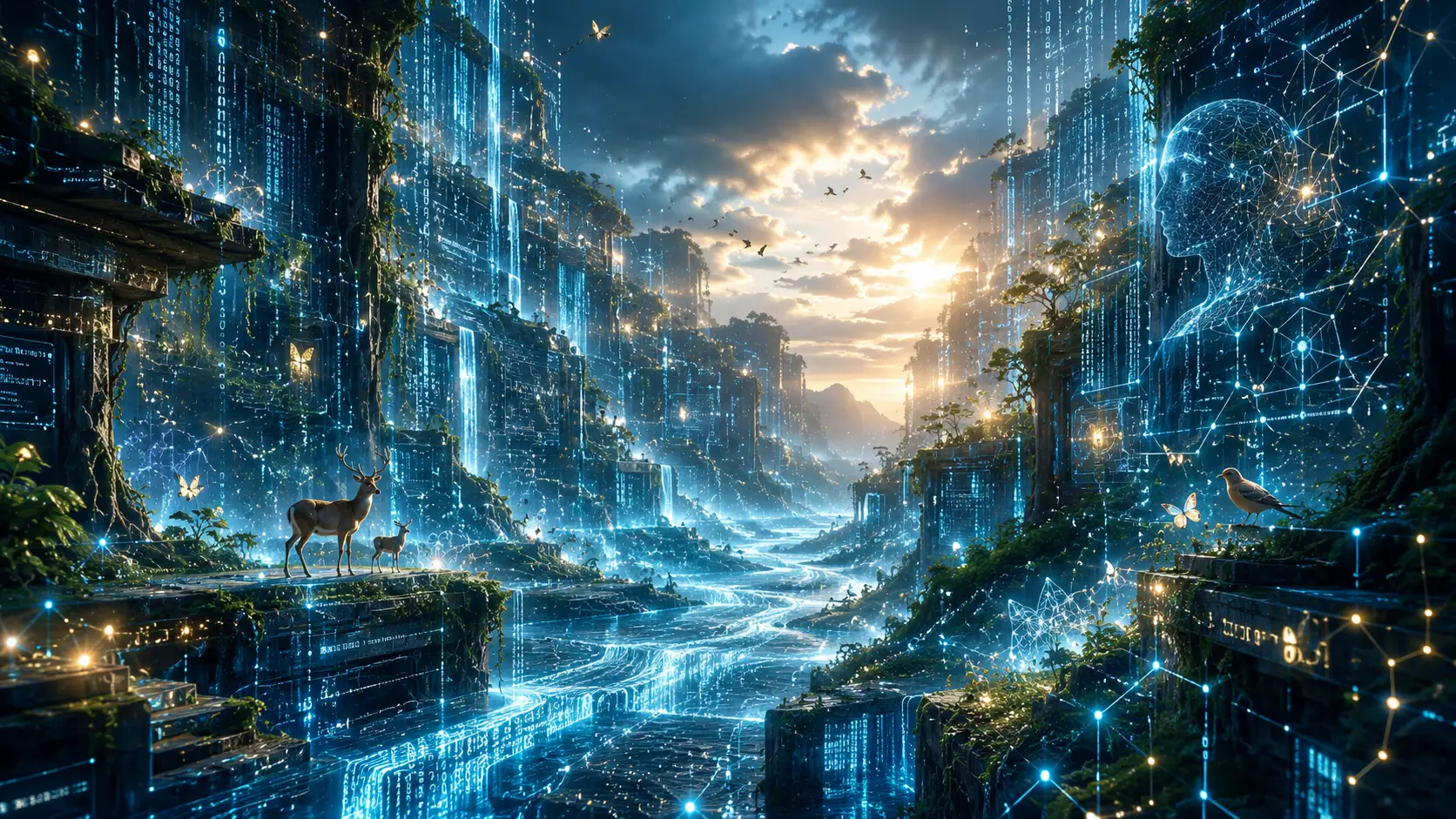 Epic digital canyon landscape of data and living vines