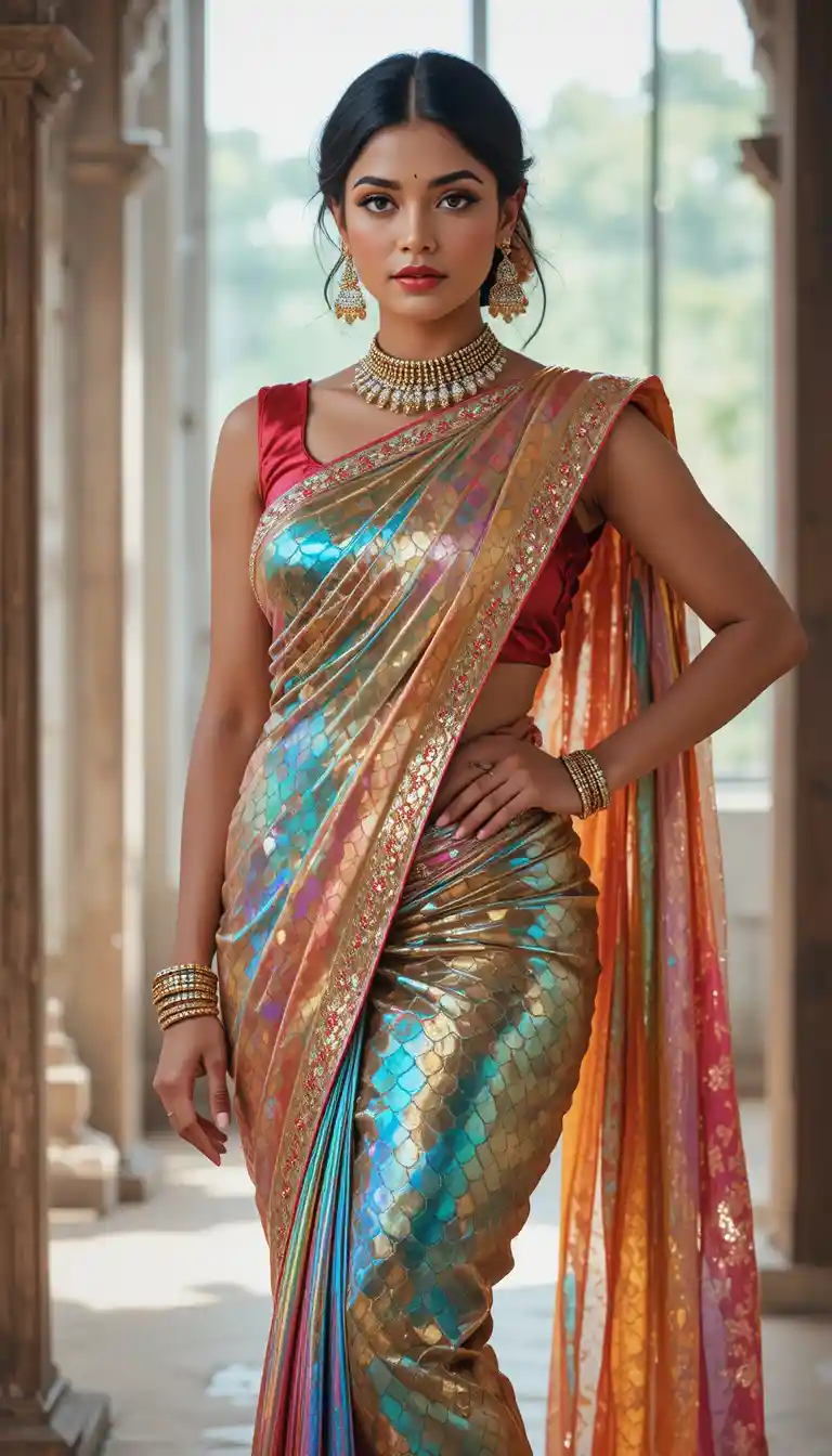 Seductive Indian woman in glossy saree full body fashion pose