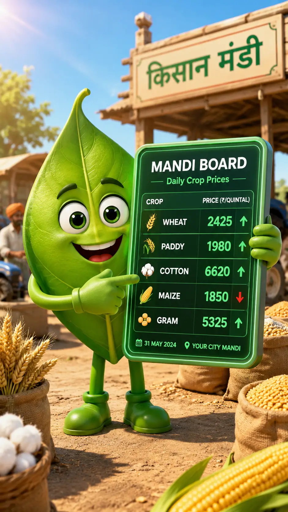 Smiling green leaf mascot with digital crop price board