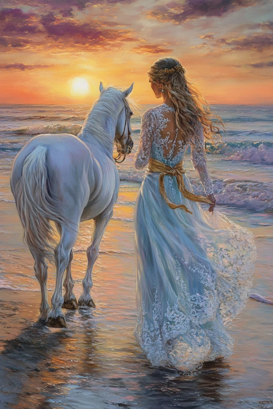 Mulher de vestido azul caminhando com cavalo branco ao pôr do sol