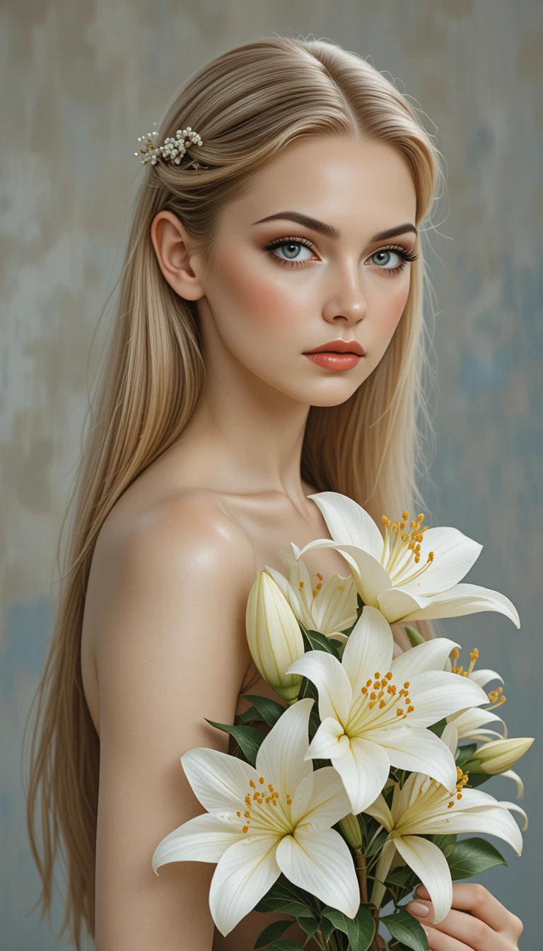 Sensual portrait of woman with lilies against soft studio background