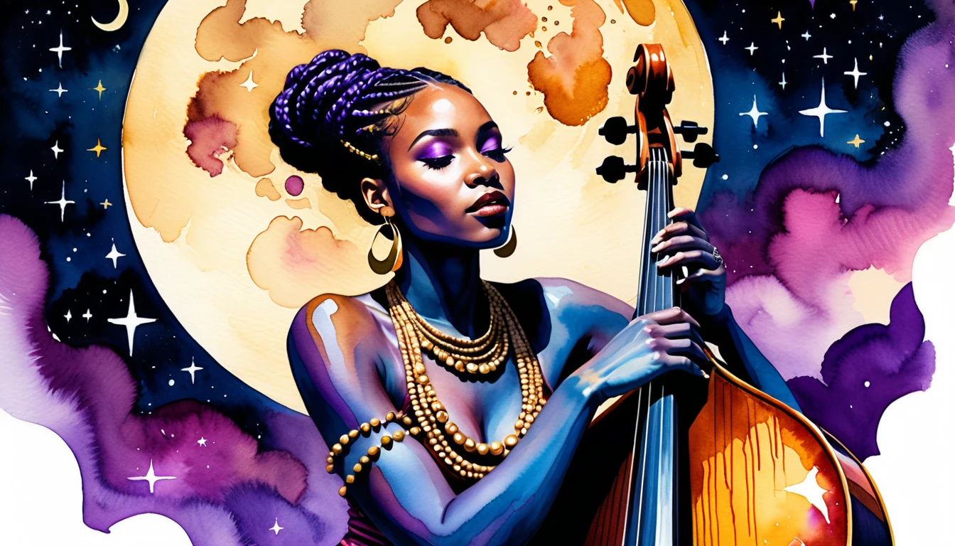 Black woman playing upright bass under a purple moon