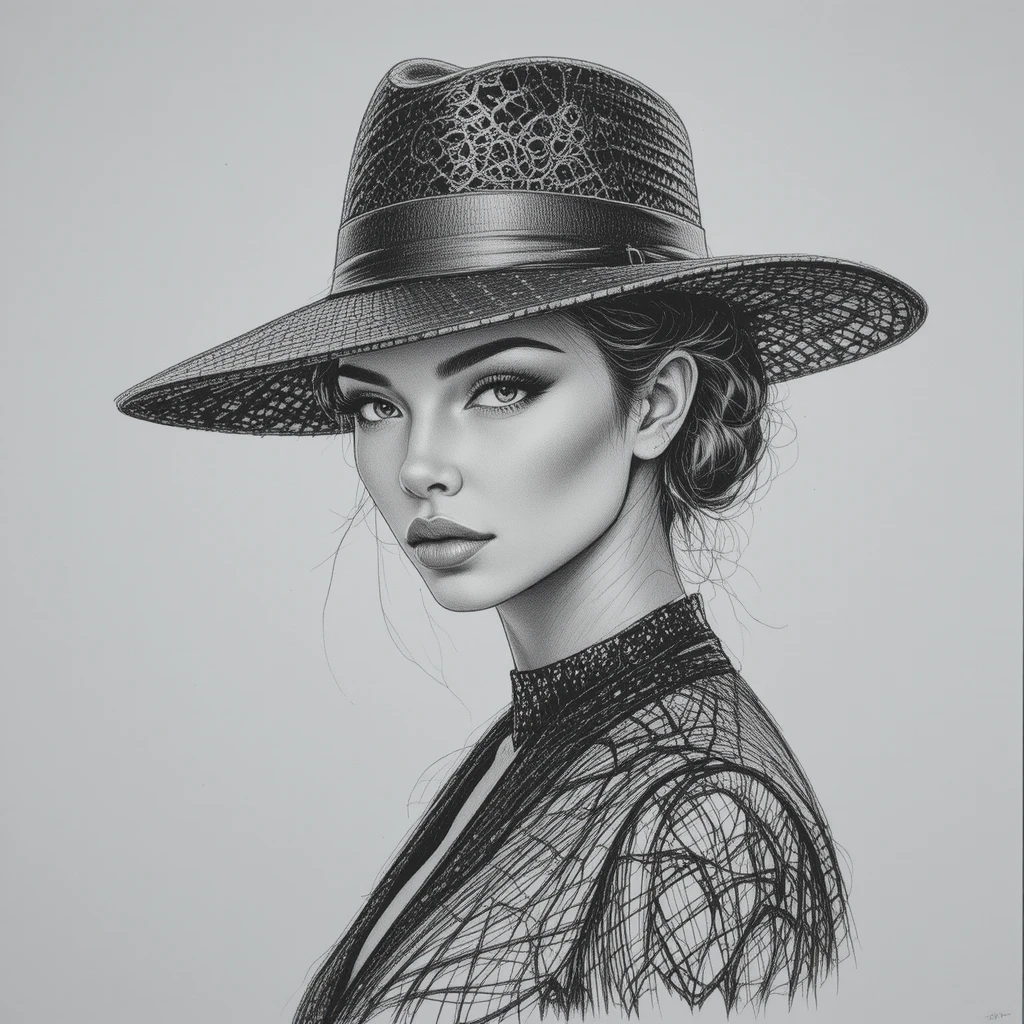 Elegant pencil portrait of confident woman in fedora hat