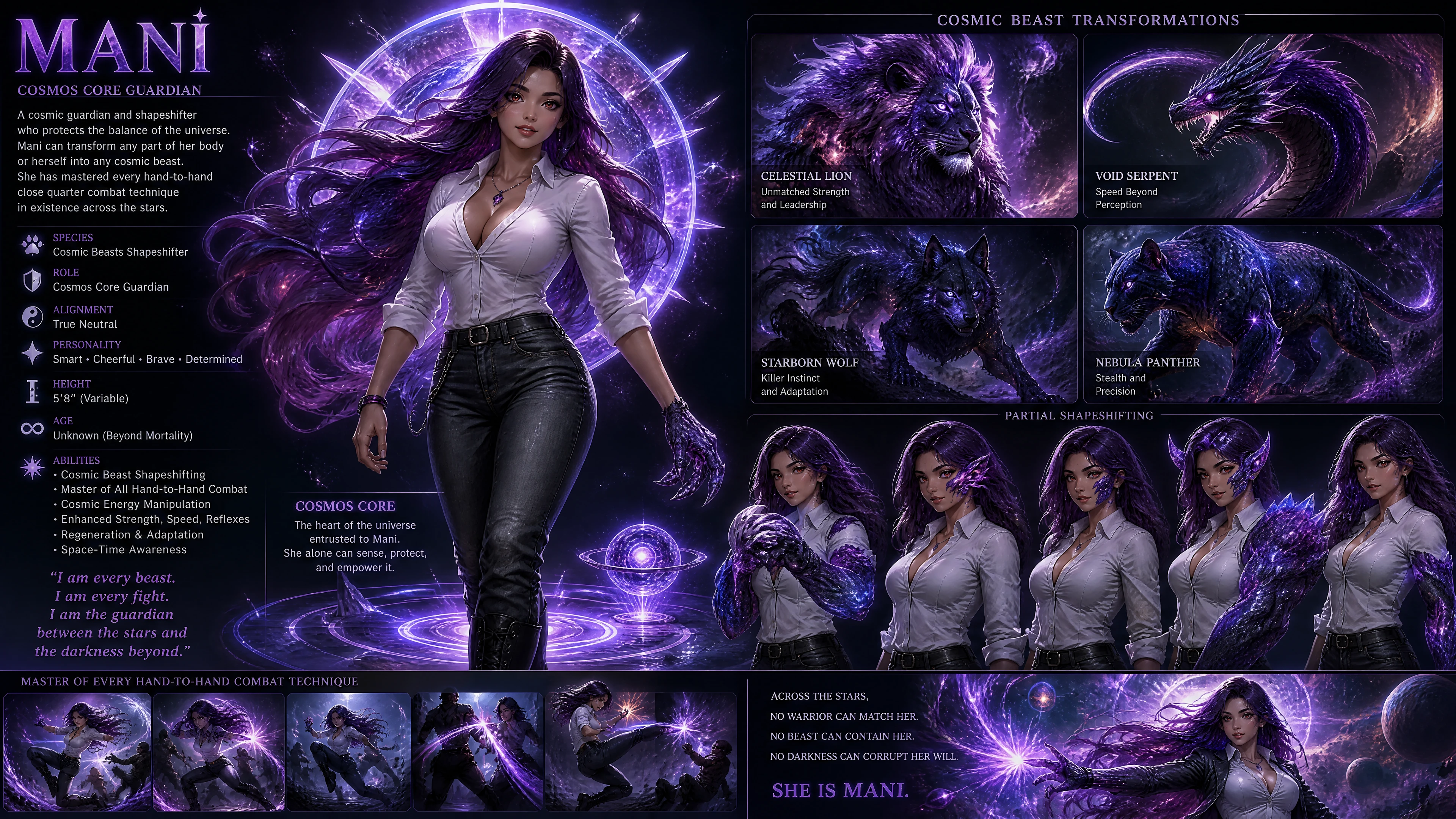 Mujer cambiaformas cósmica de cabello morado con atuendo casual