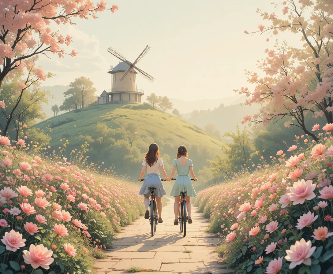 Two friends cycling a flower path toward a hilltop windmill