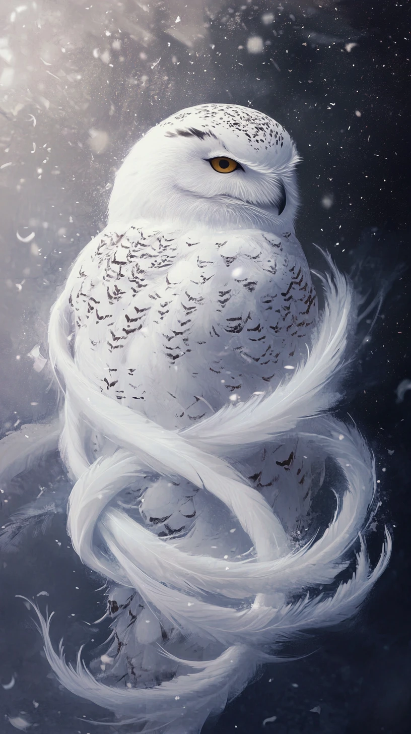 Schneeeule, die ihre Flügel zu einem weichen Unendlichkeitssymbol krümmt