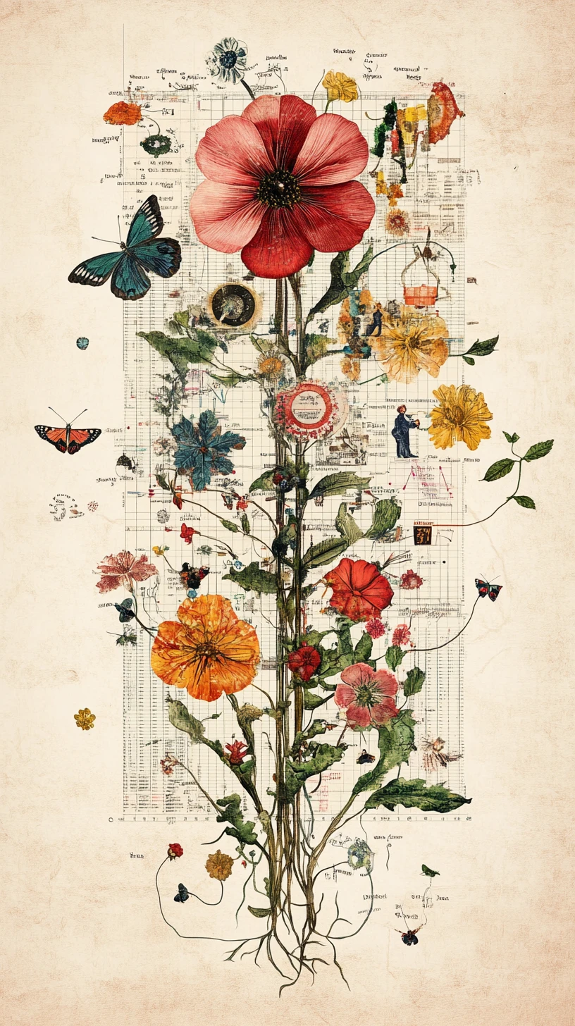 Flores botânicas se fundindo com dashboards de dados abstratos
