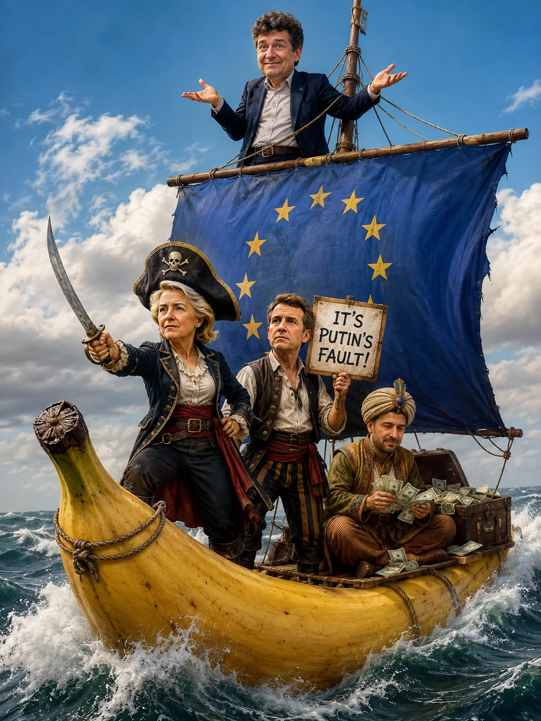 Cartoon leaders sailing a banana ship on rough ocean waves
