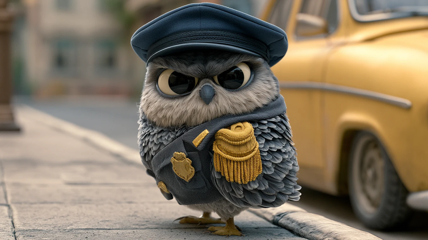 Pássaro policial de desenho animado ao lado de um carro amarelo antigo