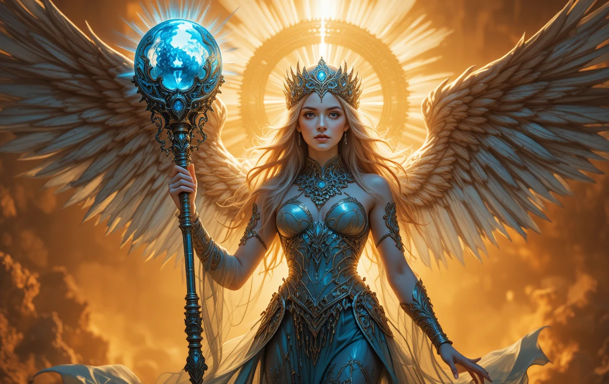 Radiant fantasy queen with blue crown and scepter