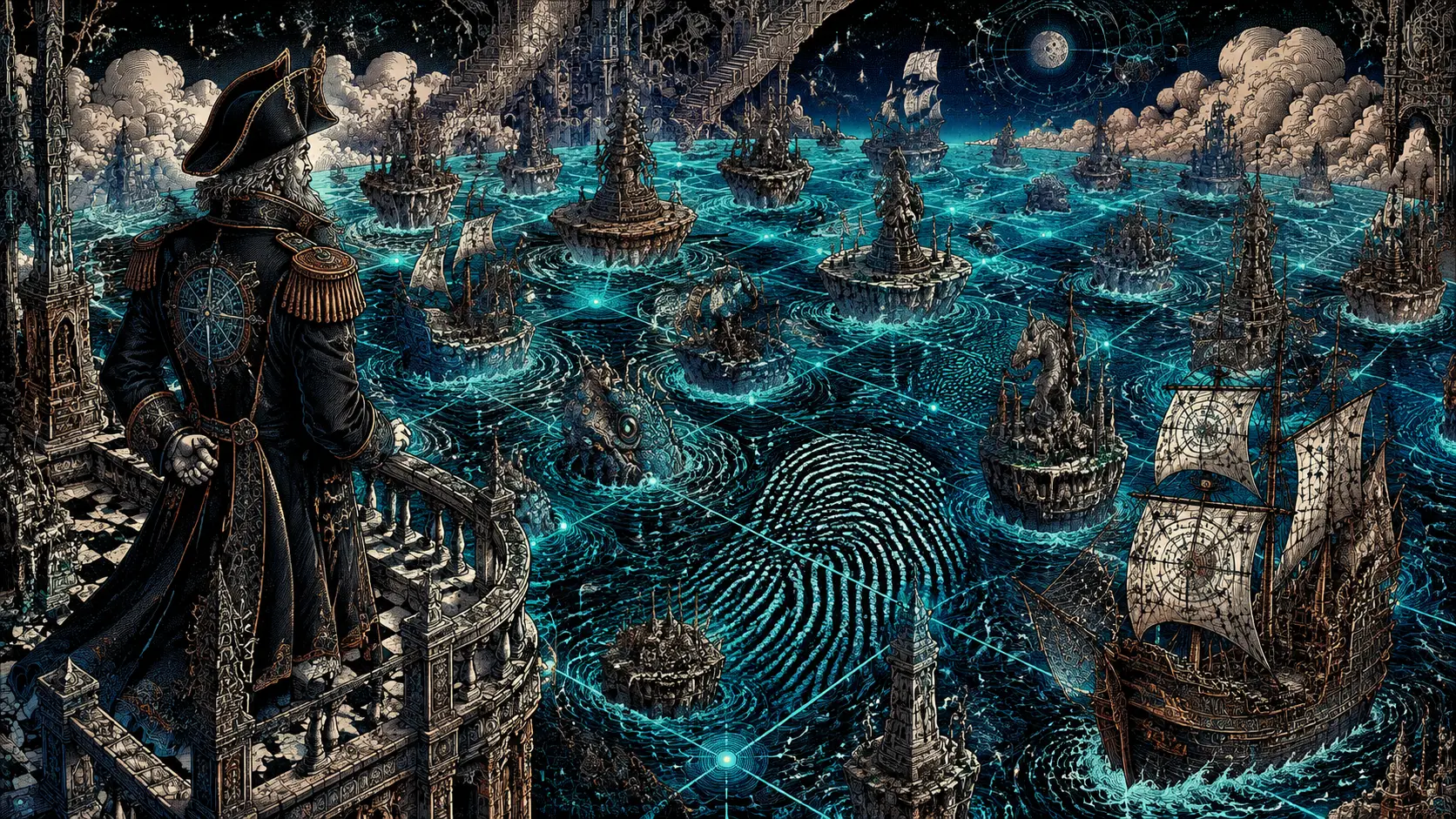 巨大神秘船長俯視發光格線生物之海