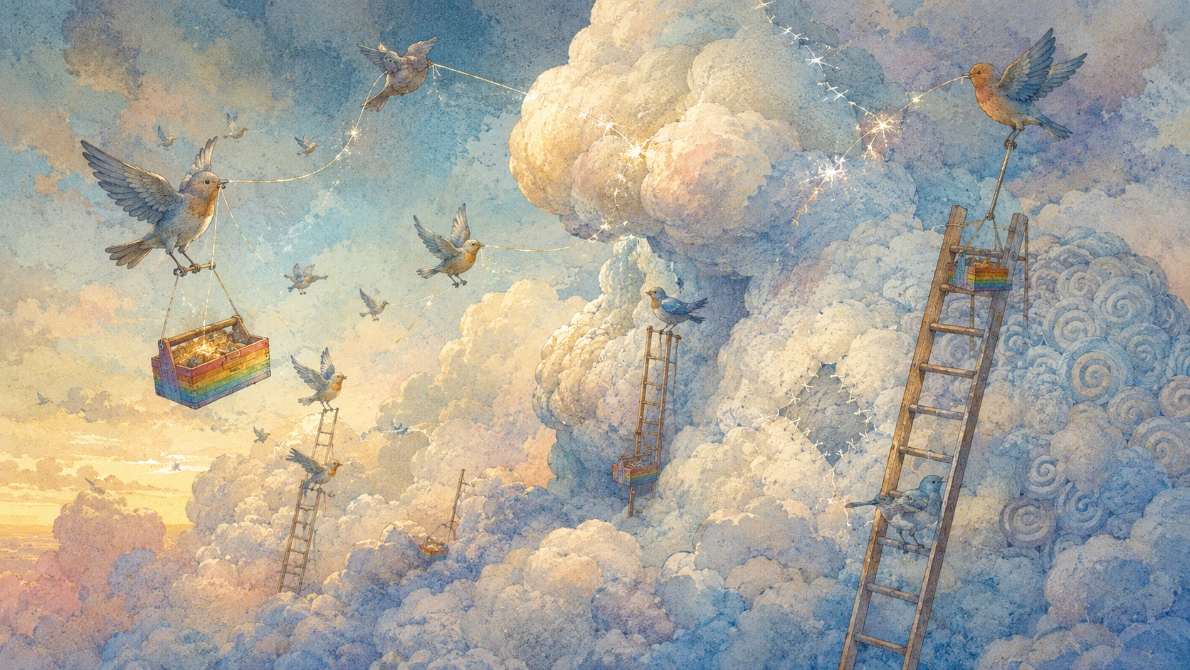 Tiny birds repairing gigantic glowing clouds in the sky