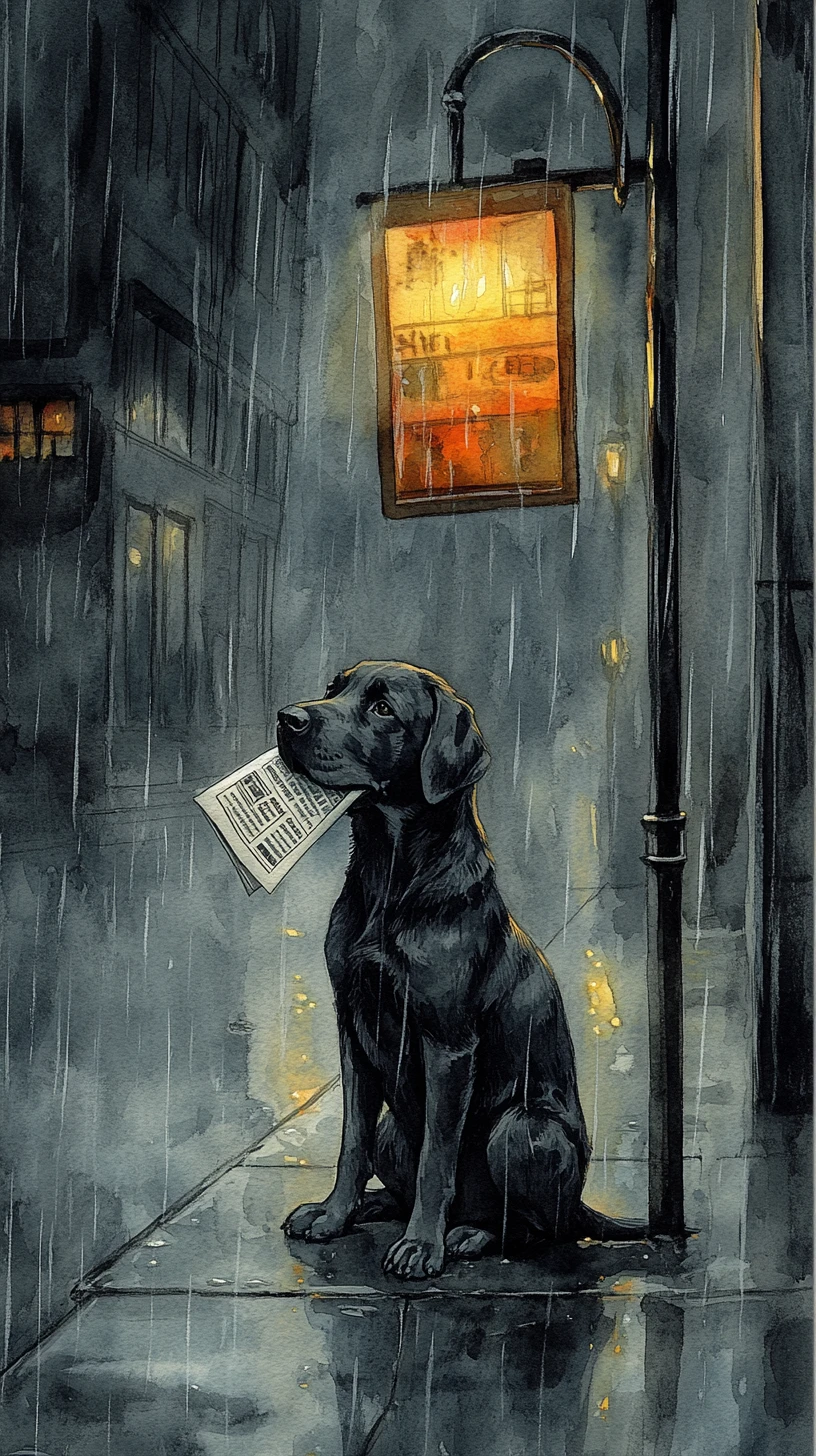 Filhote de labrador preto esperando em um ponto de ônibus na rua chuvosa