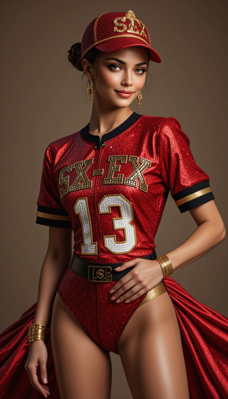 Glamorous beauty queen in bold sports couture pose