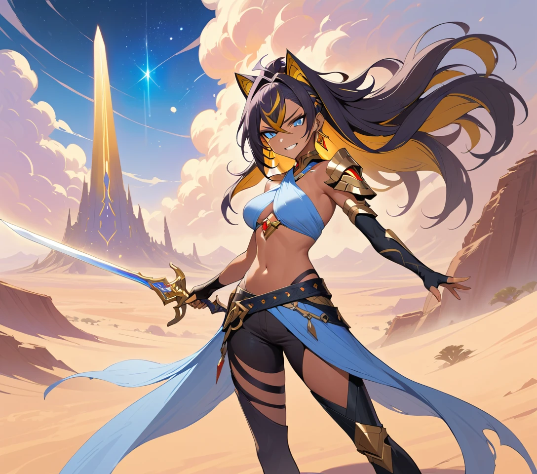 Dark skinned warrior woman with sword in a bright desert