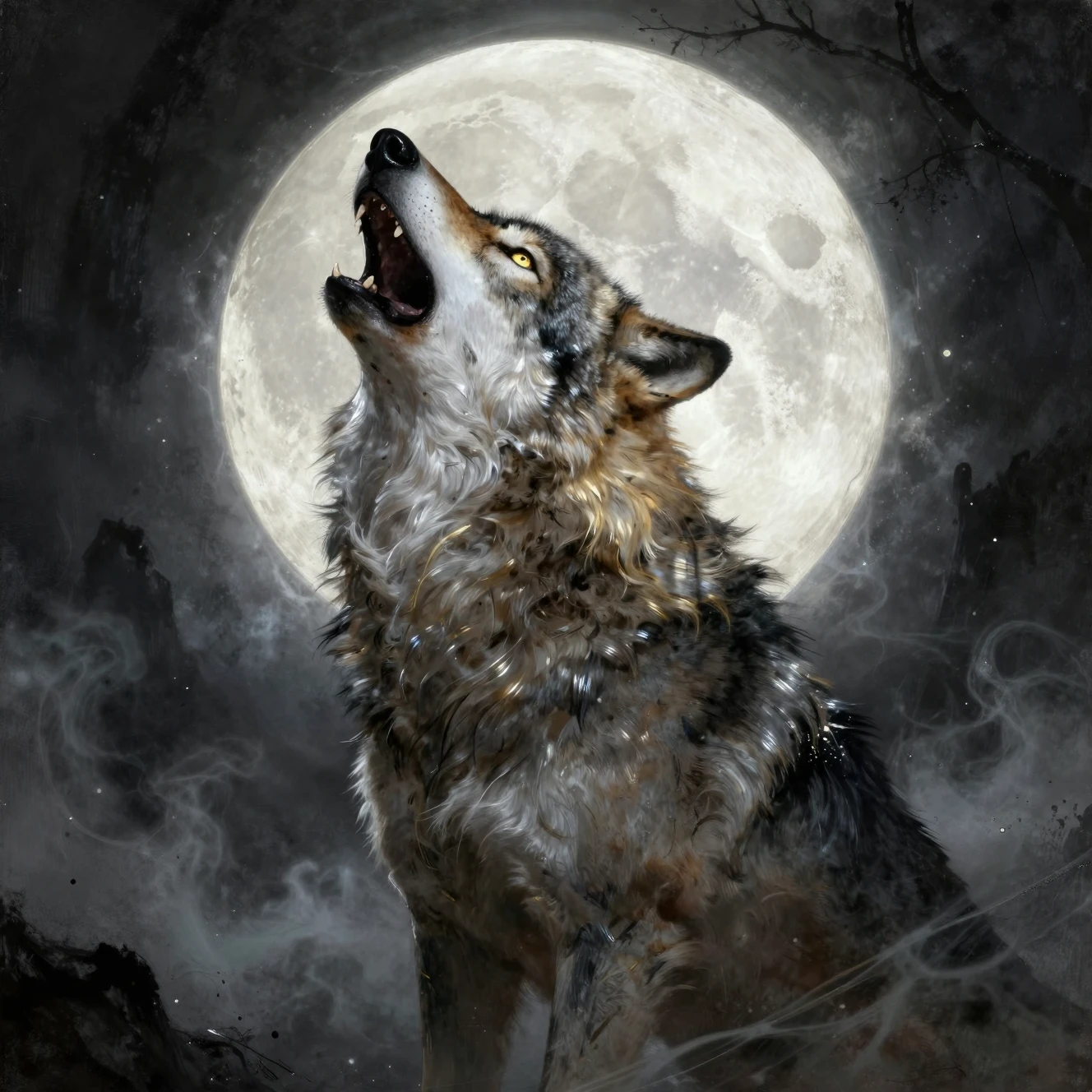 Lobo uivando silhuetado contra a lua cheia brilhante