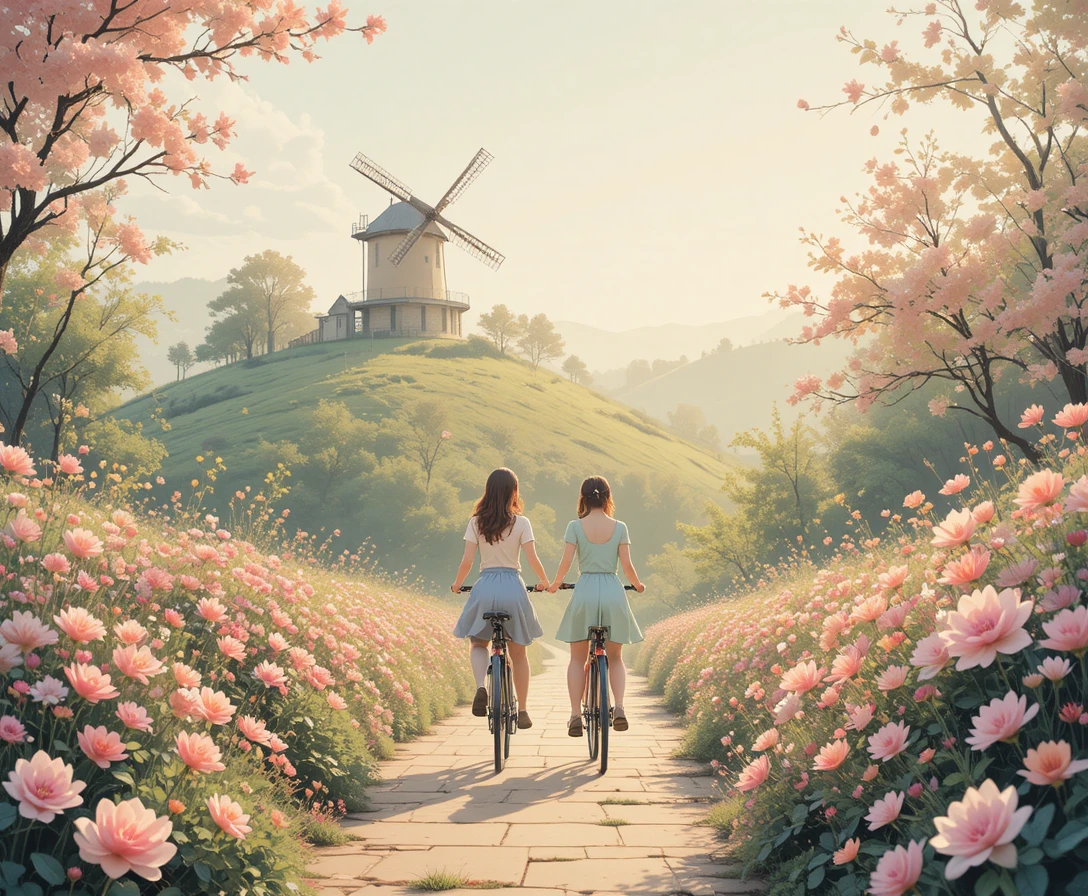 Dos amigos en bicicleta por un camino de flores hacia un molino en la cima de la colina