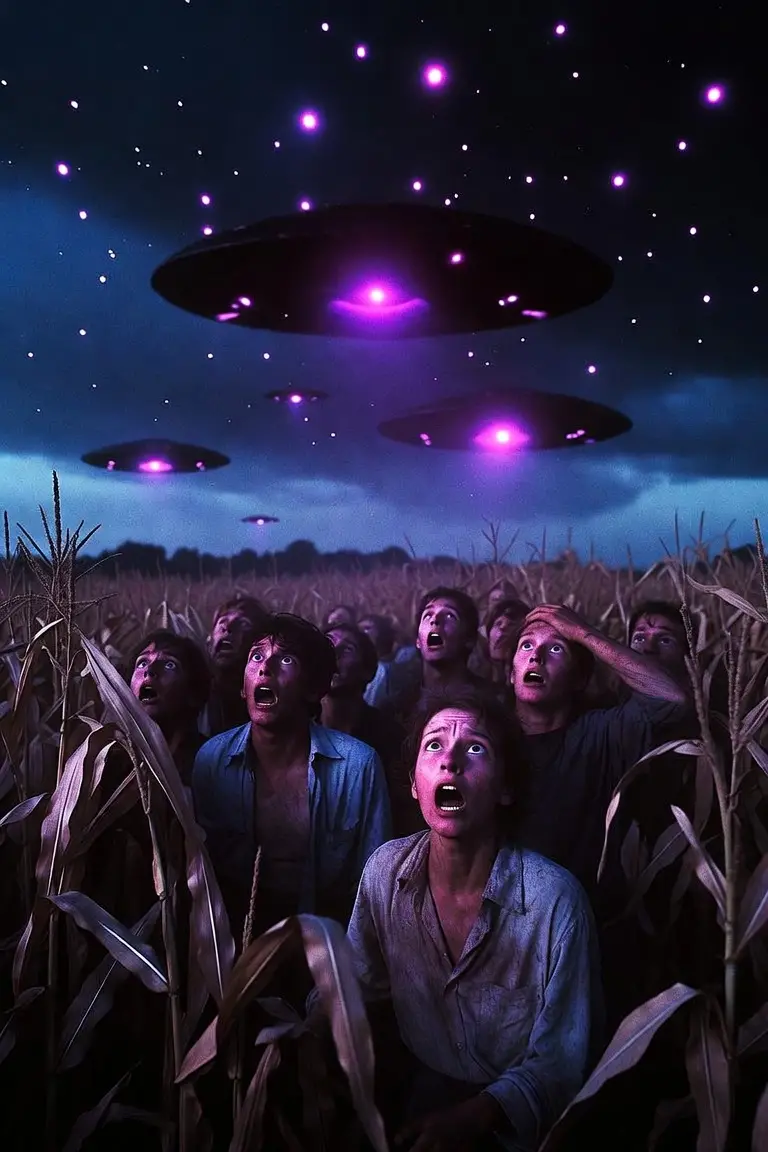 Enlèvement extraterrestre au-dessus de lueurs violettes inquiétantes dans un champ de maïs