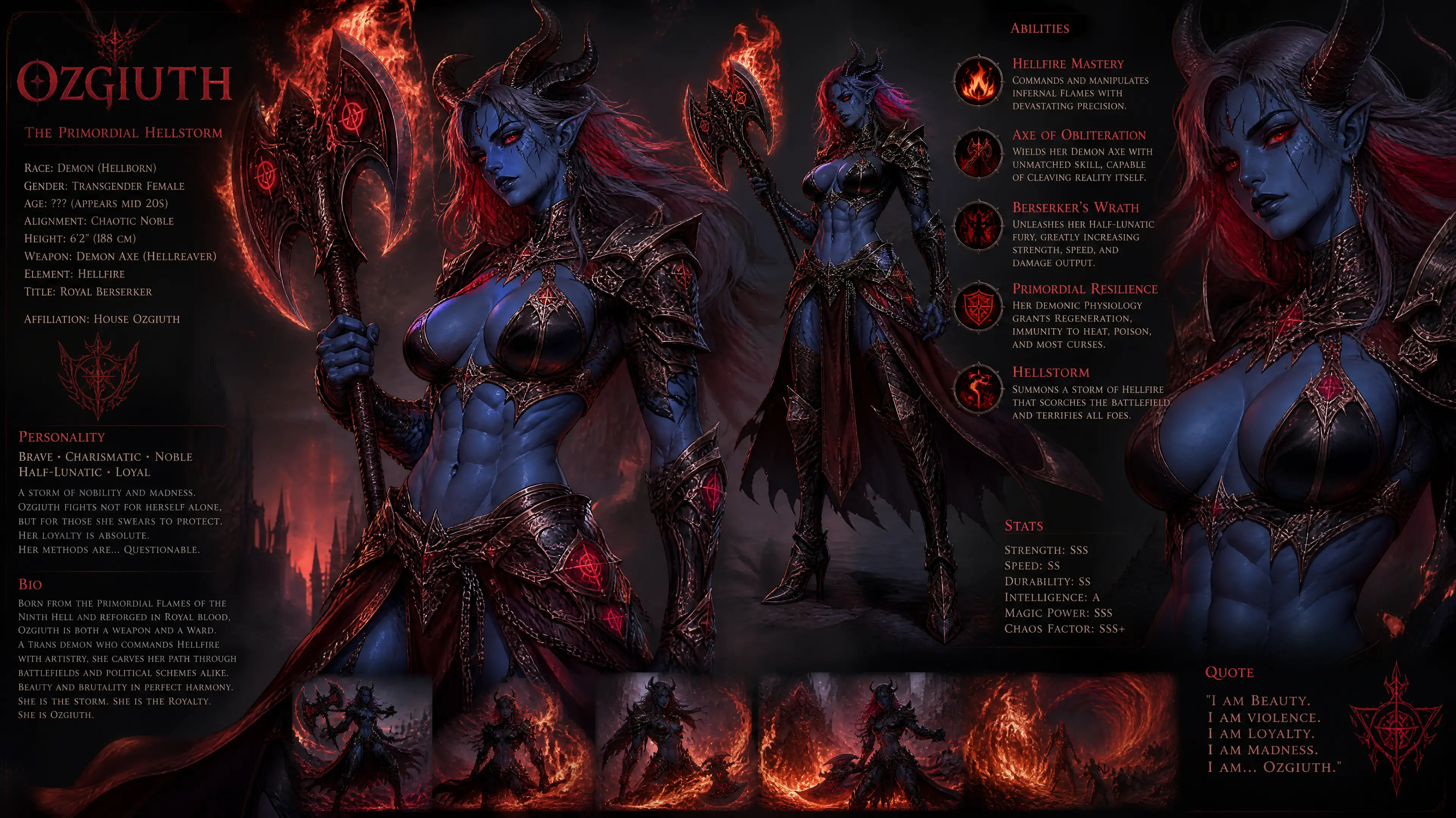 Blaue Dämonenkriegerin in königlicher Berserker-Rüstung