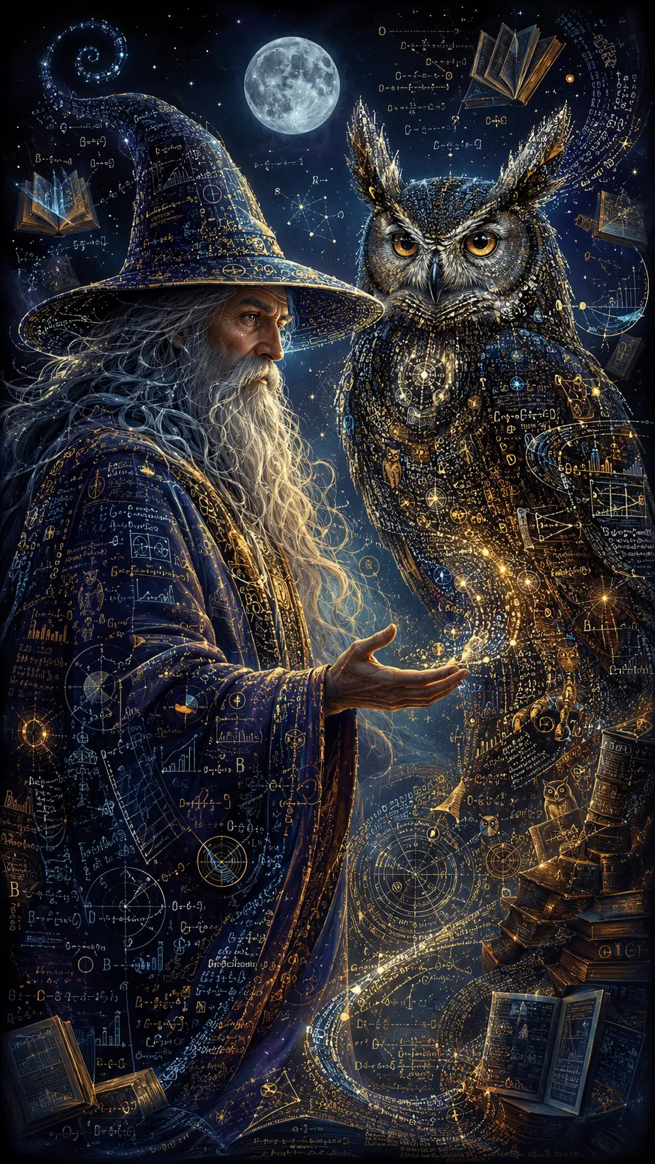 Ancient data woven wizard and binary great horned owl
