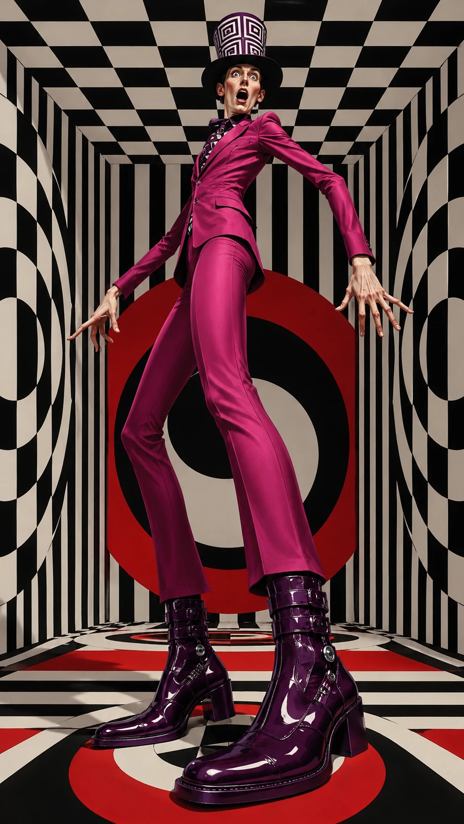 Surreal long limbed man in bold geometric interior