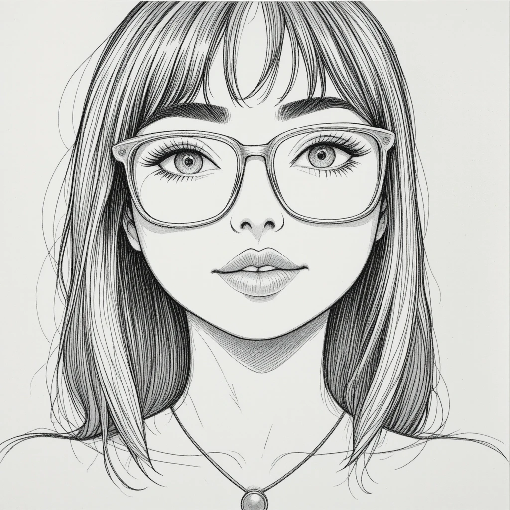 Retrato em esboço a lápis de uma garota com óculos e cabelo longo