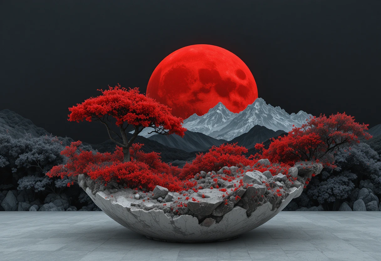 Formes céramiques minimalistes rouges et blanches sur fond noir