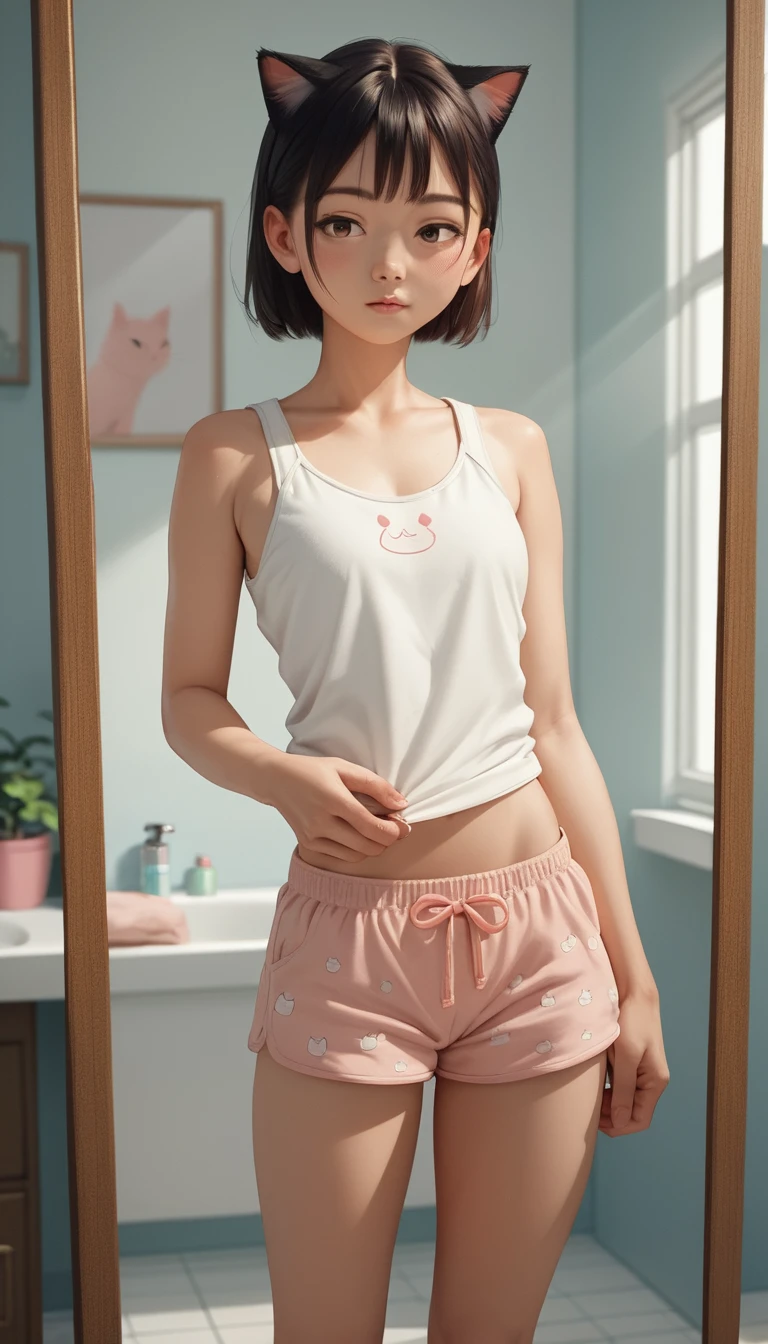 Jolie fille d’anime devant un miroir de salle de bain