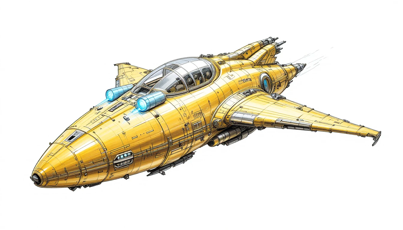 Nave espacial sci‑fi dourada com luzes azuis brilhantes