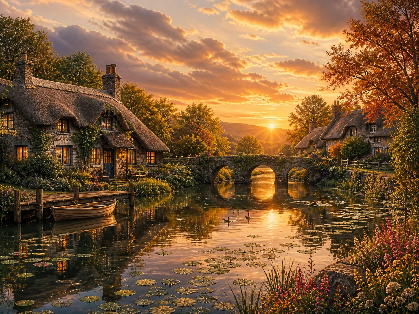 Reetgedeckte Cottages an einem ruhigen See im goldenen Sonnenuntergang