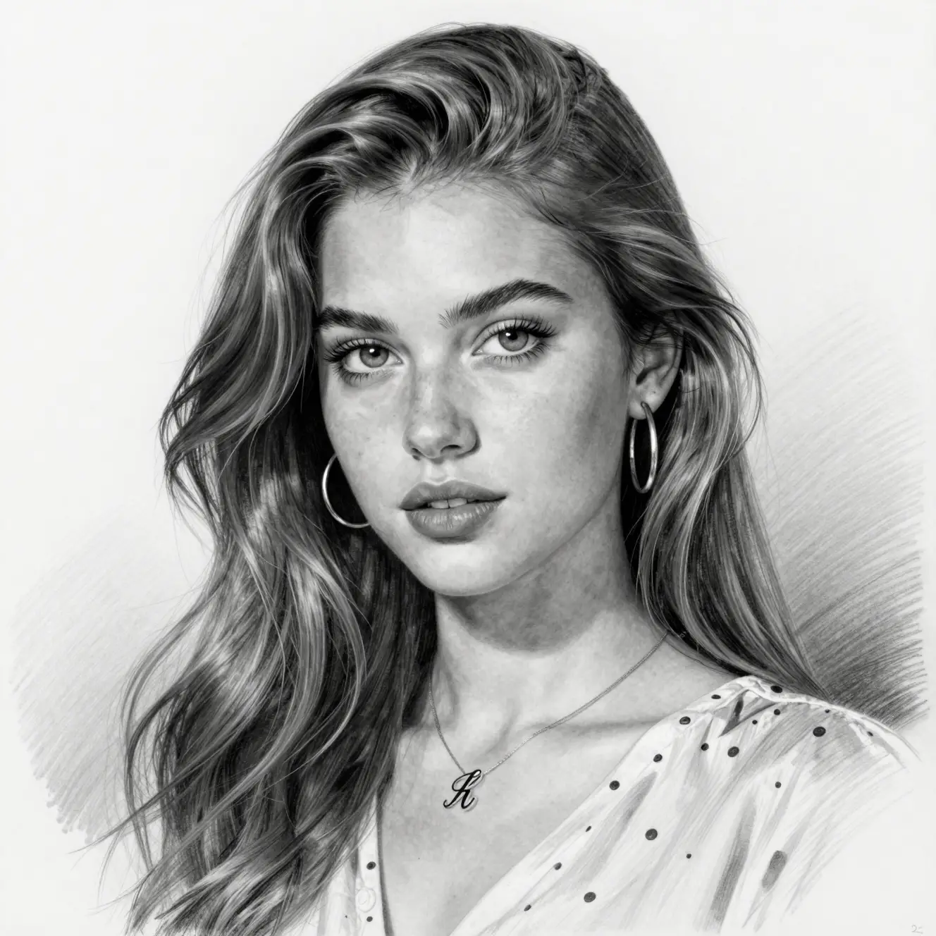 Retrato em grafite de uma jovem com cabelo ondulado