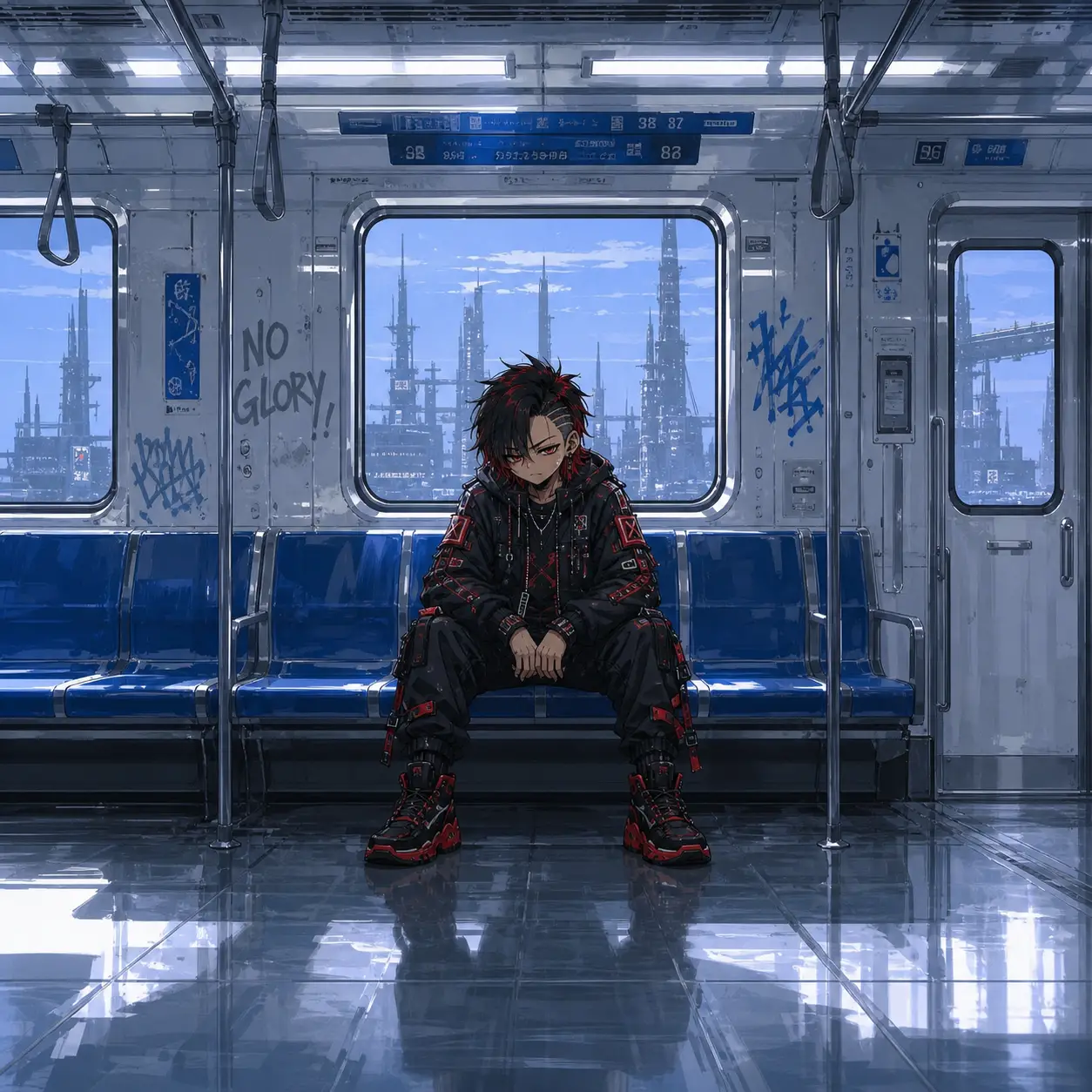 Lonely young man sitting in a quiet modern subway