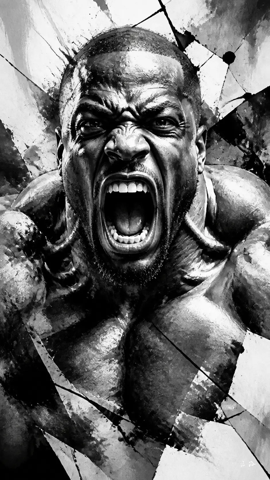 Monochrome collage of powerful man screaming forward