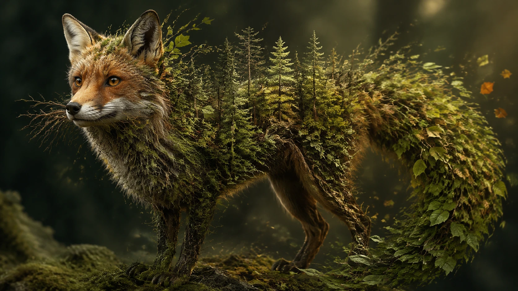 Volpe surreale che si trasforma senza soluzione di continuità in una foresta vivente